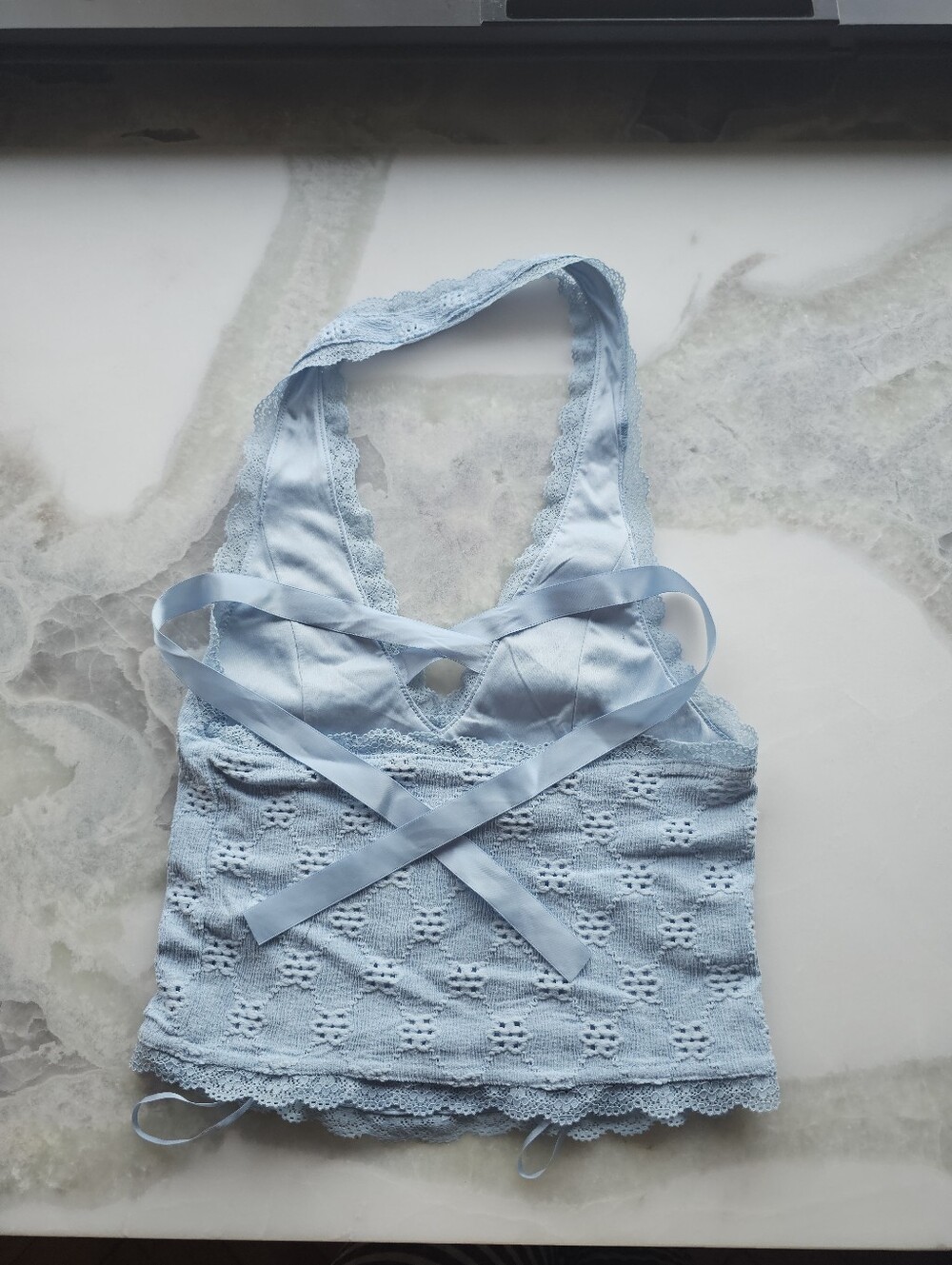 Urban Outfitters Kimchi Blue Farrah Light Blue Lace Knit Halter Crop Top - Picture 6 of 9